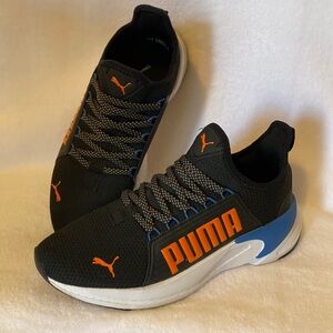 Mens Puma athletic shoes US 8.5. Black, orange and blue.